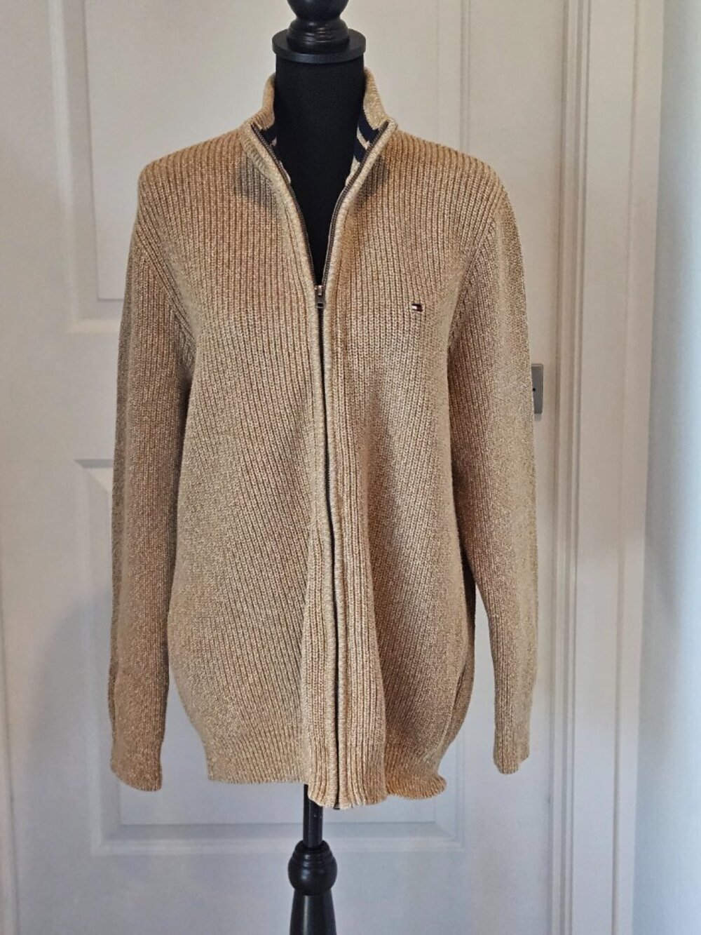 Tommy Hilfiger Sweater Full Zip Brown Cotton Mock Neck Size XL
